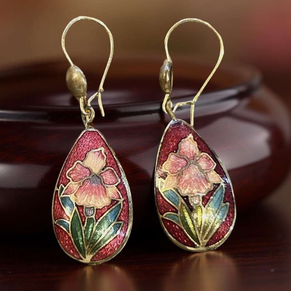 Cloisonné 1950s Earrings Teardrop Floral Enamel Handcrafted MCM Vintage